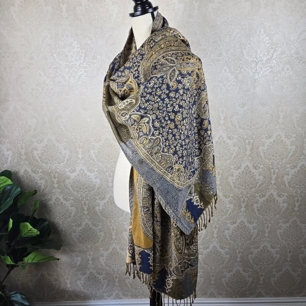Blue and Gold Paisley and Floral Patterned Oblong Scarf Fringed Ends Feminine